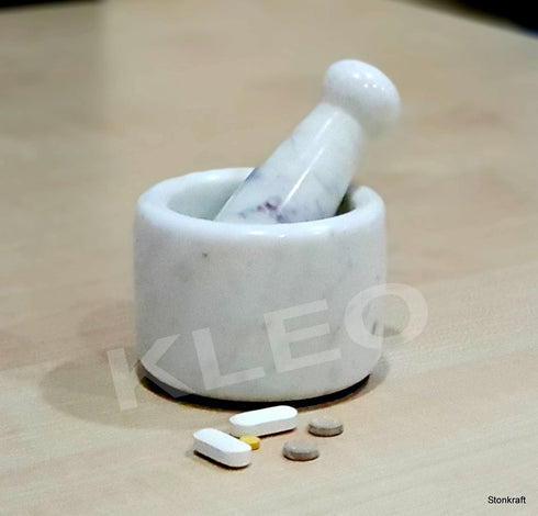 KLEO 2.5" Diameter White Marble Stone Mortar and Pestle Set Spice, Medicine Pills Grinder Masher - SMALL SIZE