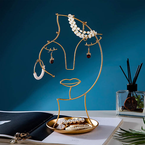 Vermkrey Metal Female Face Jewelry Display Rack Jewelry Tower Display Stand Storage Shelf Necklace Desktop Decoration Hanging Jewelry Rack, Gold