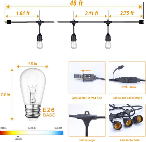 Outdoor Edison String Lights 48FT - Patio Lights 18 Bulbs 15 Sockets Commercial Weatherproof Outdoor String Lights for Backyard Garden Party Lighting