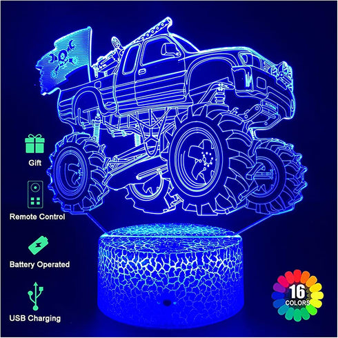 Monster Truck Night Lights Gifts, Monster Truck 3D Lamp Gifts with USB Cable and 16 Colors Changing, Touch & Remote Control, The Best Birthday Christmas Monster Truck Gifts for Boys