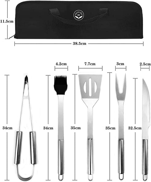 NewlineNY Stainless Steel BBQ Grill Tool Kit 5 PCS Set : Tong, Meat Fork, Basting Brush, Spatula, Knife + Carrying Bag for Picnic Camping Barbeque Cooking Grilling