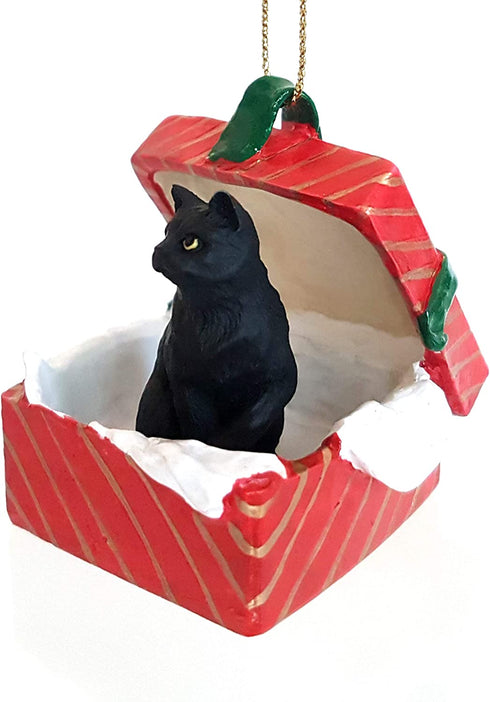 Conversation Concepts Black Shorthaired Tabby Cat Gift Box Red Ornament