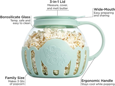 Ecolution Patented Microwave Micro-Pop Popcorn Popper, Borosilicate Glass, 3-in-1 Lid, Dishwasher Safe, BPA Free, 3 Quart Family Size, Aqua