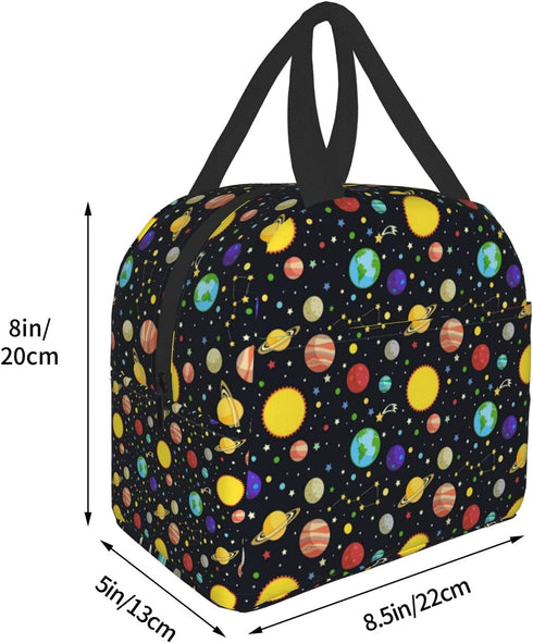 Cute Planet Insulated Black Lunch Bag for Teen Boys, Reusable Aesthetic Packit Freezable Cooler Totes Lunch Box for Office Work Picnic