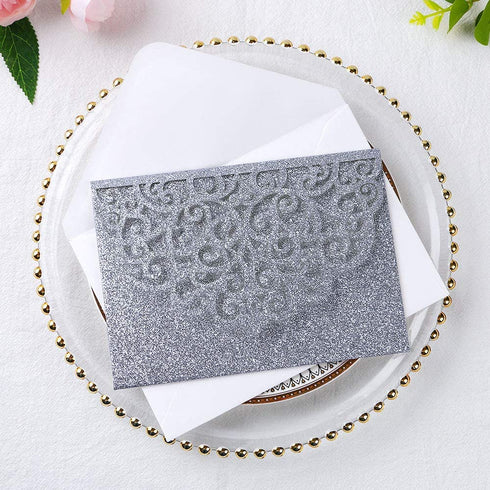 PONATIA 5.12 x 7.2 Laser Cut Invitation Pocket, 20 Tri-Fold 5 x 7 Laser Cut Wedding Invitation Pockets with Envelopes for Wedding Bbay Shower Birthday Sweet 16 Invite (Silver Glitter, No Inner Sheet)