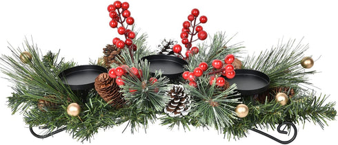 DearHouse Christmas Candle Holder Centerpiece, Pine Cones and Red Gold Berry Table Centerpiece with 3 Candle Holders Table Accent Centerpiece for Festival Home Decoration22 x10 x5(L x W x H)