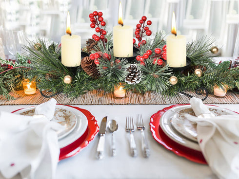 DearHouse Christmas Candle Holder Centerpiece, Pine Cones and Red Gold Berry Table Centerpiece with 3 Candle Holders Table Accent Centerpiece for Festival Home Decoration22 x10 x5(L x W x H)