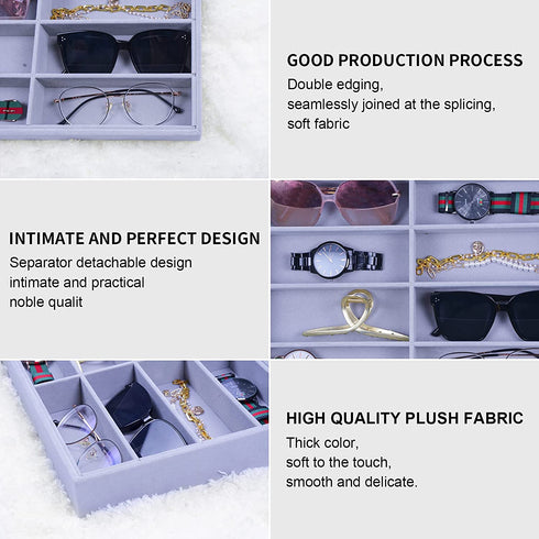 STYLIGING Sunglasses Organizer Storage Tray, 8 Grids Eyewear Watch Holder Display Velvet Jewelry Tray for Drawer, Eyeglasses Glasses Storage Case for Women Men - Gray