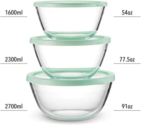 Mixing Bowls with Lids, Glass Mixing Bowl Set with BPA Free Lids, Space Saving Nesting Bowls, Food Storage Containers, 6 Piece Set Glass Bowls with Lids
