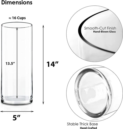 CYS Excel Glass Cylinder Vase (H:14" D:5") | Multiple Size Choices Glass Flower Vase Centerpieces | Hurricane Floating Candle Holder Vase