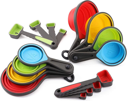 WUWEOT 16 Pack Collapsible Measuring Cups and Spoons Set, Food Grade Silicone Measuring Tools Set for Liquid & Dry Food, Baking & Cooking, Space Saving, BPA Free Silicone