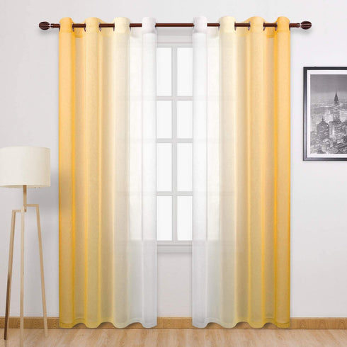 DWCN Yellow Ombre Sheer Curtains - Faux Linen Gradient Semi Voile Grommet Top Bedroom and Living Room Curtains, Set of 2 Window Curtain Panels, 52 x 84 Inches Long