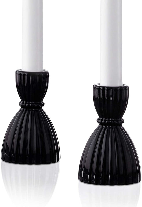 Black Candlestick Holder Set - Glass Taper Candle Holders, Glossy Black Finish, 3.5 Inch Height, Fits Standard 3/4 Inch Tapered Candles, Modern Kitchen Decor, Wedding Centerpiece - Pack of 2