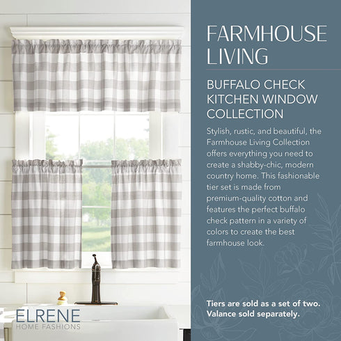 Elrene Home Fashions Farmhouse Living Buffalo-Check Tier Curtain Set for Bathroom or Kitchen Curtains, 30" x 36"(Set of 2 Tiers), Gray/White