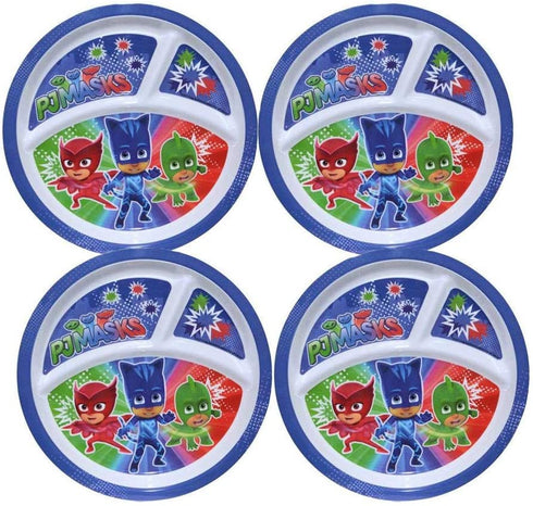 Zak Designs [4-Pack PJ Masks 8-inch 3-Section Melamine Plastic Reusable Kids Plates, BPA-Free