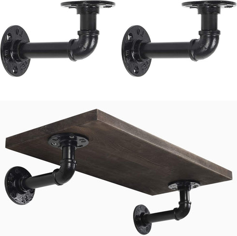 MOOACE Pipe Shelf Brackets 6 Packs, Industrial DIY Floating Shelf Bracket Black, Wall Mounted Metal Shelving Supports, L Bracket Rustic Vintage Look