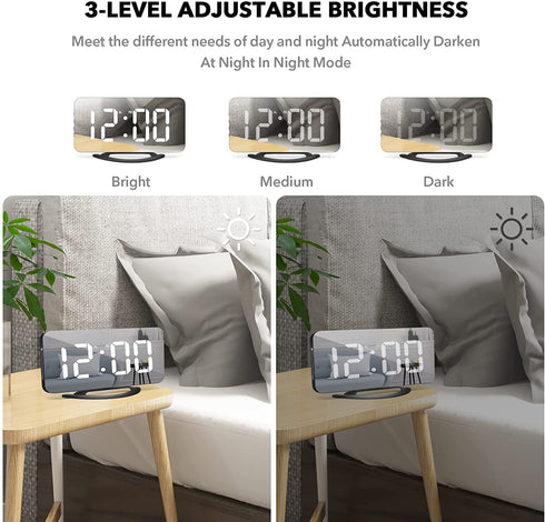 Digital Alarm Clock, 6.5" LED Mirror Electronic Clocks,with 2 USB Charger,Snooze Model, 3 Adjustable Brightness?Outlet Powered Compact Clock for Bedrooms, Bedside, Desk, Shelf(Black-White)