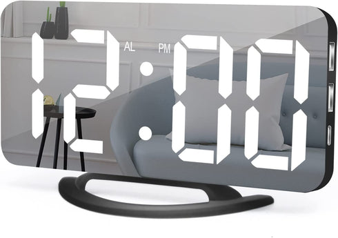 Digital Alarm Clock, 6.5" LED Mirror Electronic Clocks,with 2 USB Charger,Snooze Model, 3 Adjustable Brightness?Outlet Powered Compact Clock for Bedrooms, Bedside, Desk, Shelf(Black-White)