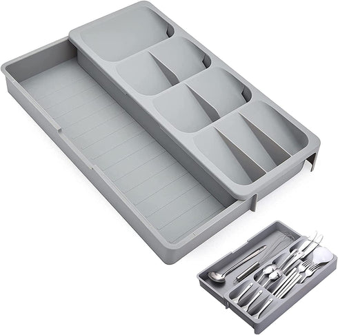 ORIJOYNA Kitchen Flatware Organizers - Drawer Organizer Tray Box Cutlery Expandable Organizer - for Kitchen Drawer Holding Flatware Spoons, Forks, Spatula (Grey)