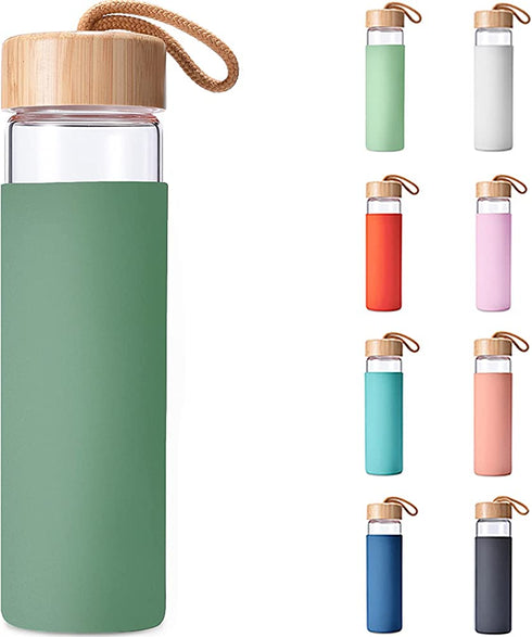 Yomious 20 Oz Borosilicate Glass Water Bottle with Bamboo Lid and Silicone Sleeve BPA Free