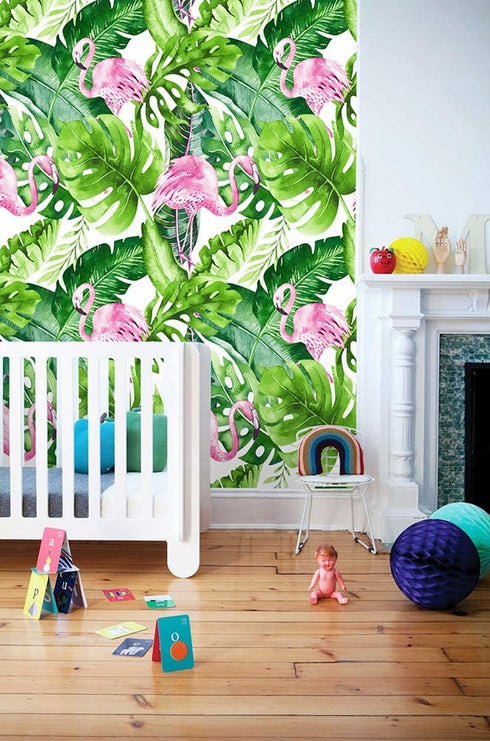 HaokHome 93013 Watercolor Flamingo Tropical Peel and Stick Wallpaper Removable Green/Pink Vinyl Self Adhesive Shelf Liner 17.7in x 9.8ft
