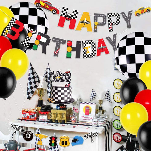 Race Car Birthday Banner and Cake Topper Racing Chequered Flag Hot Wheel Themed Birthday Party Supplies