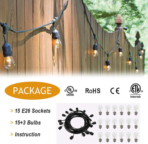 Outdoor Edison String Lights 48FT - Patio Lights 18 Bulbs 15 Sockets Commercial Weatherproof Outdoor String Lights for Backyard Garden Party Lighting