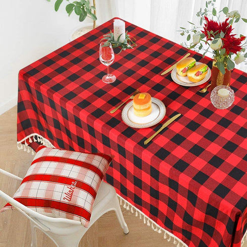 Partisout Buffalo Check Tablecloth Rectangle 56x80-Inch Red and Black Checked Tablecloth with Tassel Bluffalo Plaid Tablecloths Washable Cotton Linen Table Cover Gingham Table Cloths for New Year