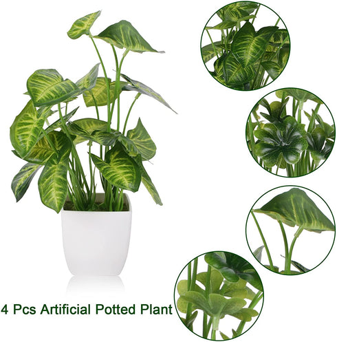 4pcs Small Fake Plants Potted Artificial Mini Greenery Evergreen Lotus Leaf Clover Luau Leaf for Desk Table Home Office Room Bedroom Decoration