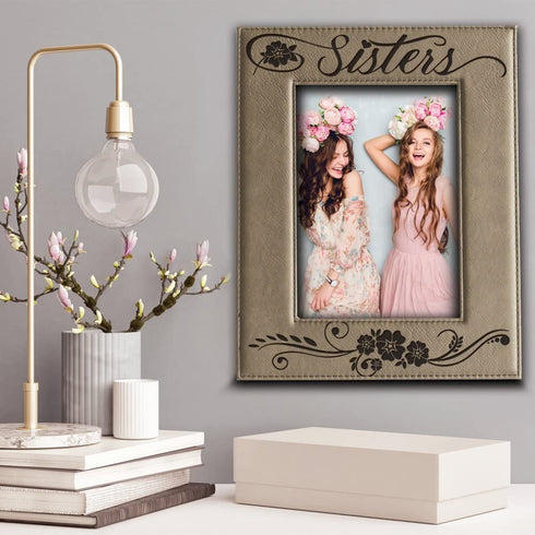BELLA BUSTA- Sisters Picture Frame- Gift for Sister- Gift for Parents- Engraved Leather Picture Frame (4"x 6" Vertical (Sisters))