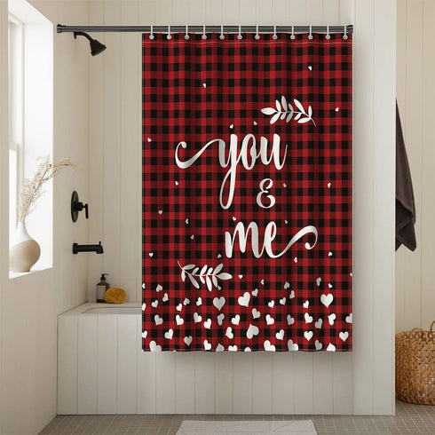 AVOIN colorlife Valentine's Day Red Shower Curtain, 72 x 72 Inch You and Me Buffalo Plaid Decorative Waterproof Bath Curtain Set with 12 Hooks