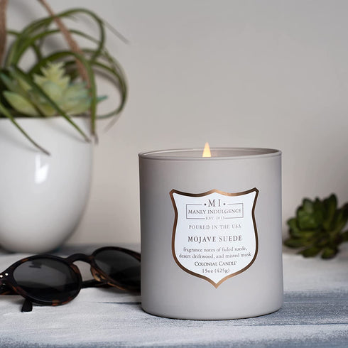 Manly Indulgence Scented Jar Candle, Mojave Suede, Signature Collection, Soy Wax Blend, Wooden Wick, 15 Oz, Single (Faded Suede, Desert Driftwood & Misted Musk)