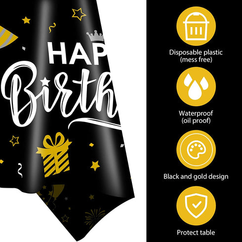 Happy Birthday Decorations, 6pcs Black and Gold Birthday Tablecloth for Men Women, Plastic Disposable Rectangle Table Cover for 90th 80th 70th 60th 50th 40th 30th Birthday Party Decor- 54" x 108"