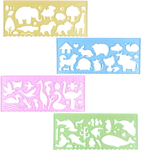 BronaGrand 4 Pcs Drawing Stencils Plastic Ruler Animals Painting Templates for Kids Clear 4 Colors