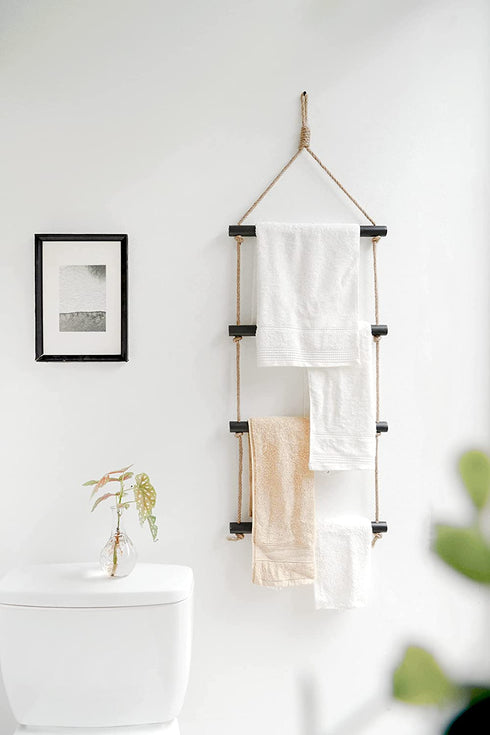 Dahey Blanket Ladder Bath Towel Rack Bar Storage Ladder Wood Wall Hanging Living Room Scarf Ladder Rustic Home Decor Ladder,Black