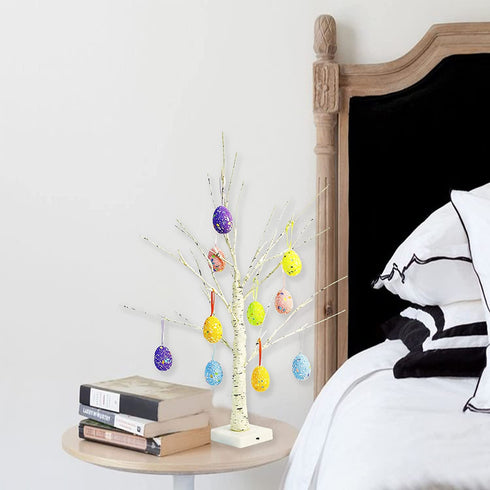 kemooie 24 Inch Pre-lit White Birch Tree with 10 Hanging Easter Egg Ornaments, 24 Led Lights Battery Operated Easter Table Centerpiece for Party Birthday Home Easter Decoration Spring Decoration