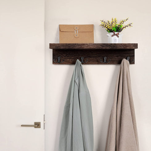Coat Rack Wall Mount with Shelf Coat Racks with Hooks Bathroom Shelf with Hooks Entryway Coat Rack Organizer for Hanging Hat Keys Set of 2, Expresso