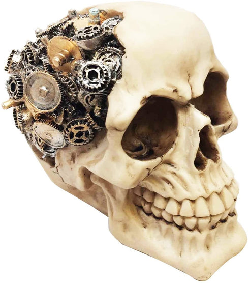 Ebros Steampunk Cyborg Protruding Gearwork Human Skull Statue Sci Fi Clockwork Gear Design Skeleton Cranium Figurine
