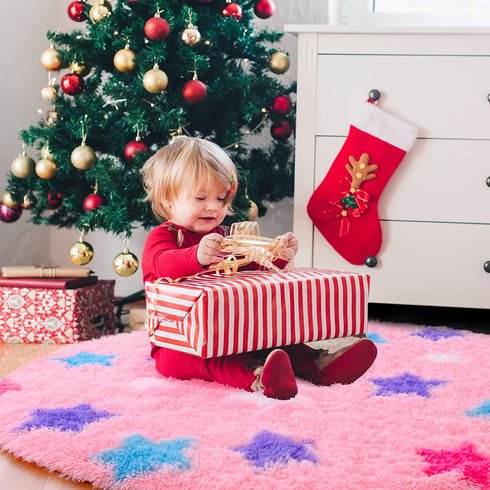 RUGICI Pink Round Rug for Girls Bedroom, Fluffy Circle Rugs for Kids Room, Fuzzy Shaggy Area Rug, Furry Star Play Mat for Princess Tent, Nursery Rug for Baby Teen Girls Room Decor, 4 ft