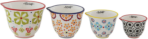 Creative Co-Op Floral Hand Stamped Stoneware Measuring Cups (Set of 4 Sizes/Designs)
