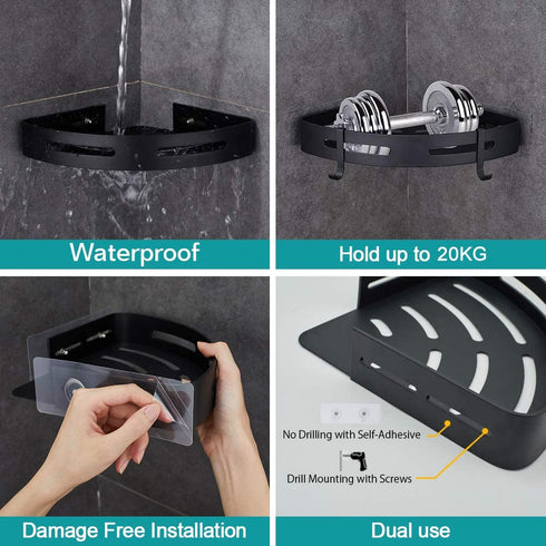 Gricol Adhesive Corner Shelf Bathroom Shower Caddy Basket for Kitchen Toilet No Drilling Shower Storage organizer 2-Tier, Black