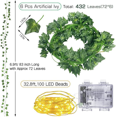 Sun and Moon Tapestry + 6 Fake Ivy Vines + 32.8ft LED String Lights, Wall Hanging Tapestry Psychedelic Aesthetic Home Decor for Bedroom Living Room Home Dorm Christmas Wall Decor, Black Gold