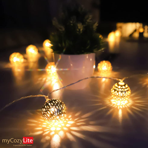 LED Globe String Lights, Plug in with Timer, 8 Funtions, 3V Low Voltage Transformer, Unique Pattern, 20 Golden Metal Globes, Warm White Moroccan Lights, Extendable