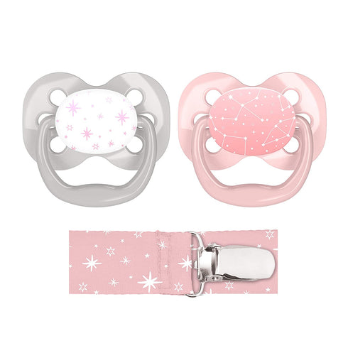 Dr. Brown's Advantage Symmetrical Pacifier with Air Flow and Pacifier Clip - Pink - 2-Pack - 0-6m