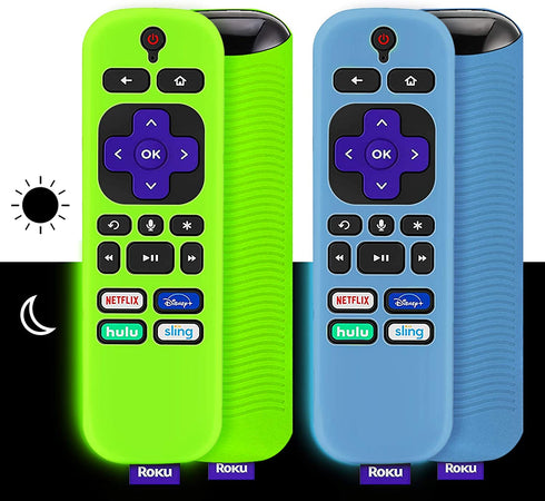 Roku Remote Cover,Roku TV Remote Cover Compatible with Roku Voice Remote,ROKU Player Remote Cover with Lanyard,Anti Slip Remote Cover for Glow in The Dark?Glow Green & Blue?