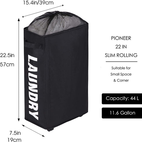 Caroeas 22" Rolling Slim Laundry Basket with Stand Foldable Waterproof Sorter and Organizer on Wheels Tall Thin Dirty Laundry Hamper Basket Home Corner Bin (Slim 22",Black)