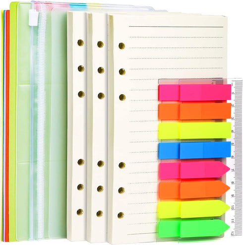 A6 Refill Paper, 3 Pack 45PCS A6 6 Ring Loose Leaf Paper, 2 Pack 160PCS Neon Page Markers, with Binder Pockets & Binder Dividers, LEOBRO A6 Lined Paper Refills for A6 Binder Planner Notebook Journal