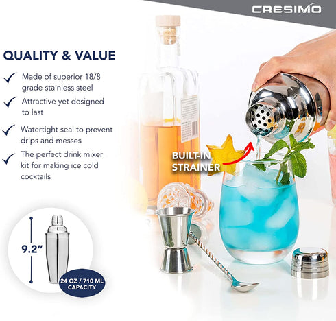Large Cocktail Shaker Set: 24oz Stainless Steel Martini Shaker Drink Mixer Set with Alcohol Bar Tools: Ice Strainer, Jigger, Bar Spoon, Craft Cocktail Kit Recipe Guide - Mixology Bartender Kit - Cresimo