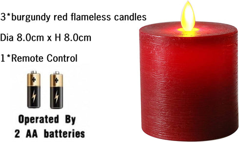 Kitch Aroma D 3.15" H 3.15" Set of 3 Red Flameless Candles Flickering Candles Burgundy Red Color Decorative Battery Flameless Candle Classic Real Wax Pillar with Dancing LED Flame with Remote Control