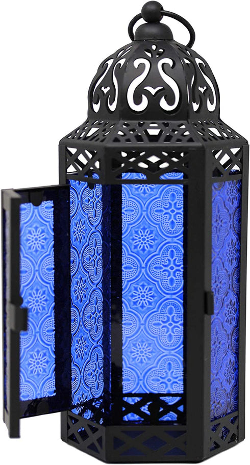 Vela Lanterns Decorative Moroccan Candle Lantern Holder for Decor, Cobalt Glass, Medium